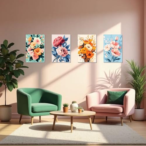 obterie 4 Pack Framed Paint by Numbers Kit for Adults Beginner Canvas Painting by Numbers for Adults Flowers Easy Adult Paint by Number Kits with Frame Flower Watercolor Painting by Number 8x12 Inch - Image 6