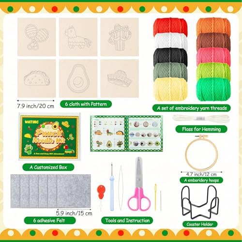 WATINC Christmas Punch Needle Coaster Kits - 23Pcs Easy Art Work Decor Craft Supply for Beginners, DIY Set of 6 Pattern Tufted Pads with Adhesive Felt Yarns Tools Coaster Holder Instruction (Green) - Image 2