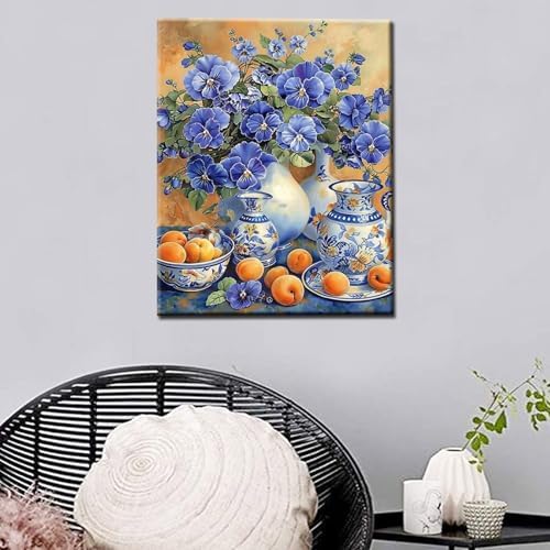 Tucocoo Flower Paint by Bumbers for Adults Beginner Bule Flowers Vase DIY Paint by Numbers Acrylic Paint Canvas Vintage Exquisite Bedroom Decor Painting Kits Flower Furit Art 16x20 Inch （DIY Frame ） - Image 3