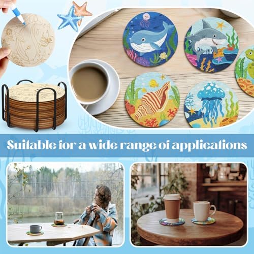 Reallnaive 45 Pcs Ocean Wooden Coasters Painting Kit, 4 Inch Paint Your Own Boho Coasters with Markers, Arts and Crafts for Adults Women Seniors Elderly Crafters Gifts - Image 3
