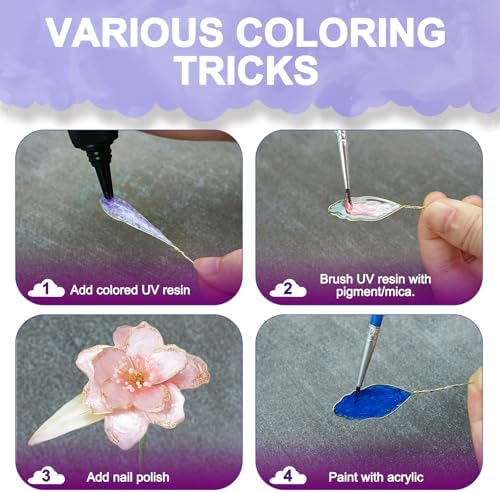 Teexpert UV Dip Resin for Wire Flowers Kit, 100g Crystal Clear UV Resin Starter Kit with 6 Winding Rods, Pliers, 2Pcs 31FT Wires for Jewelry Making, Fast Cure Thick Glue for DIY Flower Decoration - Image 4