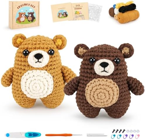 Crochet Kit for Beginners - Bear Crochet Kits, Beginner Crochet Kit for Adults, Crochet Animal Kit for Starters with Step-by-Step Video Tutorials, Knitting Bears with Squishy Hip Design by FortuningsJDS