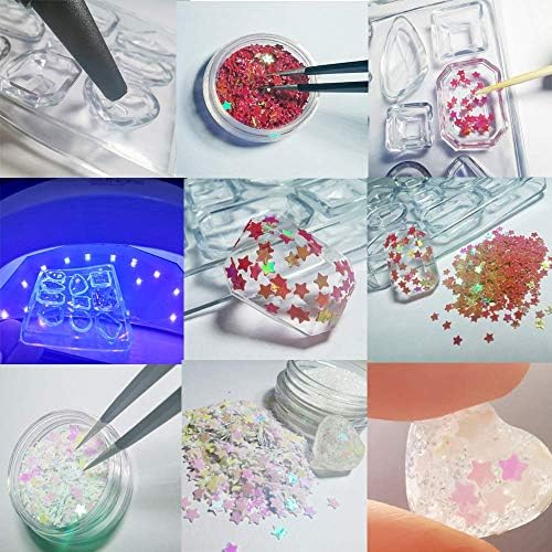UV Resin Crystal Clear for Jewelry Making 12 Molds for DIY Crafts Pendants Rings Earrings Bracelets with Portable Lamp & Tweezers, 60 Decorations (Shining Glitter & Flowers & Colorful Marble Pieces) - Image 2