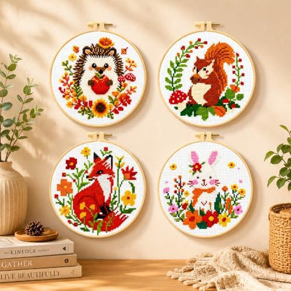 Zhenqing 4 Pack Woodland Animal Stamped Cross Stitch Kit, 11CT Printed Fox Squirrel Hedgehog Bunny Patterns with Hoop and Tools for Adults and Beginners - Image 3