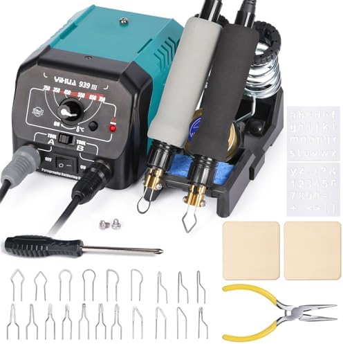 YIHUA 939 III Dual Pen Pyrography Station 2-in-1 Wood-Burning Tool with Two Wood-Burning pens 250-750°C Temperature Adjustable 20 Detailer nibs and 7 Essential Accessories and Tools Included by YIHUA