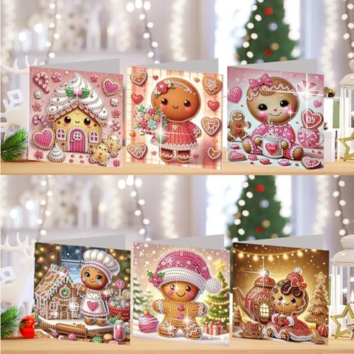 jinglinhh 6pcs Christmas Candy House Gingerbread Man Diamond Art Painting Greeting Cards with Envelopes, DIY Card Making Kits for Adults, Diamond Art Postcards Christmas Cards Craft Gifts - Image 4
