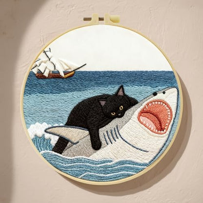 Black Cat Riding a Shark and a Sailboat Stamped Pattern Embroidery Kit for Beginners Adults Includes Cloth,Hoop,Color Threads,Needles and Instruction,Lover Hand Stitch with Embroidery Skill Techniques by Unknown
