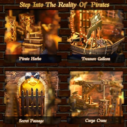 Book Nook Kit – 3D Wooden Puzzle with Interactive LED Lights, DIY Miniature Decor for Adults & Teens, Enchanting Storytelling Bookshelf Insert（Pirate Bay） - Image 3