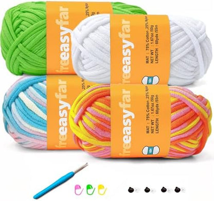 4x50g Beginner Easy Yarn Kit for Crocheting and Knitting; Worsted-Weight Medium #4;Crocheting and Knitting kit with Tool Set (Sunglow+Blue+Green+White, 4 Skein) by FreeasyFar