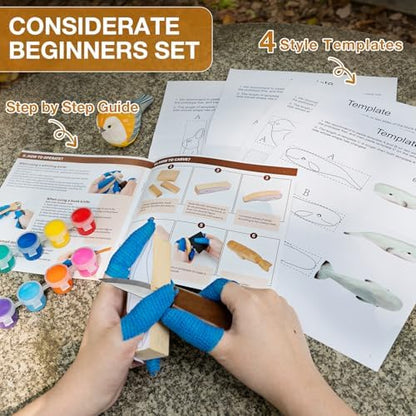 Wood Carving Kit, 37pcs Wood Carving Tools with 12 Color Paint, Wood Whittling Kit with 4pcs Templates & Users Guide for Beginners37Pcs Wood Carving Kit with Storage Bag - Image 4