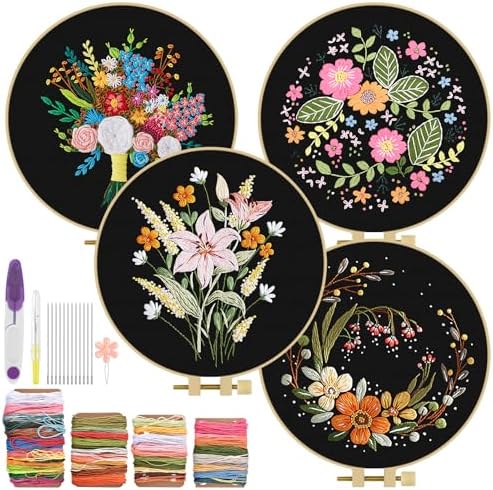 ERKOON 4 Sets Embroidery Kit, Floral Cross Stitch Set for Include Embroidery Cloth Hoops Threads for Craft Lover Hand Stitch(Floral) by ERKOON