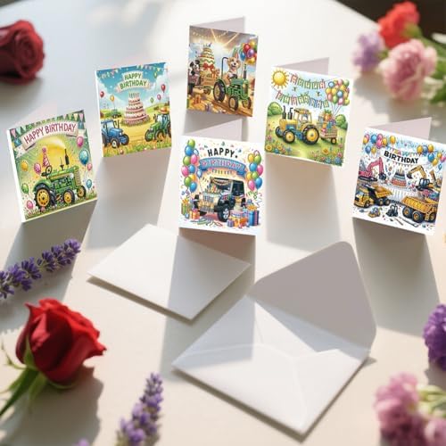 jinglinhh 6pcs Diamond Art Painting Happy Birthday Tractor Truck Excavator Cake Dog Puppy Greeting Cards with Envelopes, DIY Card Making Kits for Adults, Diamond Art Postcards Christmas Cards Craft Gifts - Image 5