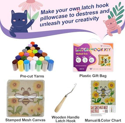 Bee Sunflower Latch Hook Kits for Adults Beginners, Pre-Printed 17“ X 17" - Image 3