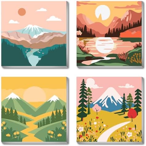 FQOVKYN 4 Packs Paint by Numbers Kit for Adults with Frame, DIY Landscape Adult's Paint by Number on Canvas, Mountain Oil Painting Kits for Home Wall Decor 8x8 Inch by FQOVKYN