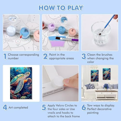 Bowetile Framed Paint by Numbers Sea Turtle for Adults Beginners, Adults' Paint-by-Number Kits, Easy Adult Paint by Number Kits on Canvas, Acrylic Animals Number Painting for Home Decor, 8x12in - Image 7