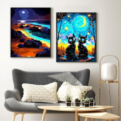 Yunnuo Paint by Numbers Kit for Adults, Seaside Night Scene Adult Paint by Number Kits on Canvas, DIY Beach Number Painting for Wall Decoration Festival Gifts 16"x20"(Glowing Sea Water& Moon) - Image 4