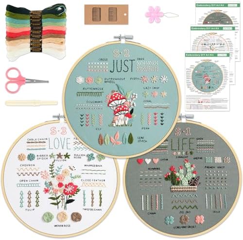 3 Sets Embroidery Kit for Beginners to Learn 36 Basic Embroidery Stitches Practice Kit,Hand Embroidery Cross Stitch Kits for Beginners with Embroidery Patterns, Hoop,Threads,Tools by KintKita