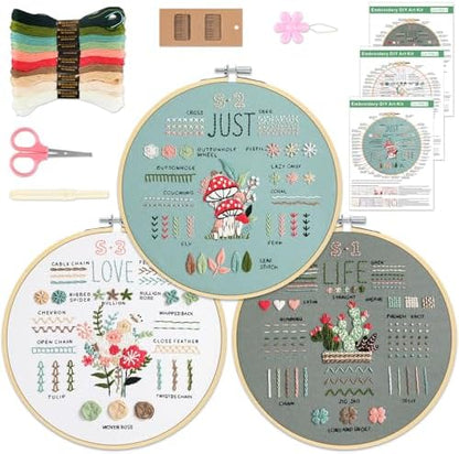3 Sets Embroidery Kit for Beginners to Learn 36 Basic Embroidery Stitches Practice Kit,Hand Embroidery Cross Stitch Kits for Beginners with Embroidery Patterns, Hoop,Threads,Tools by KintKita