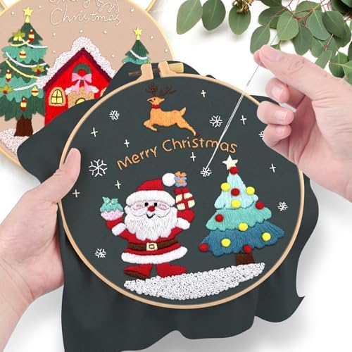ERKOON 3 Sets Embroidery Kit for Beginners, Christmas Cross Stitch Set with Easy Pattern Embroidery Cloth Hoops Threads for Craft Lover Hand Stitch - Image 5