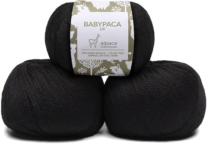 100% Baby Alpaca Yarn Wool Set of 3 Skeins (150 Grams) DK Weight - Made in Peru - Heavenly Soft and Perfect for Knitting and Crocheting (Black, DK)