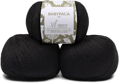 100% Baby Alpaca Yarn Wool Set of 3 Skeins (150 Grams) DK Weight - Made in Peru - Heavenly Soft and Perfect for Knitting and Crocheting (Black, DK)