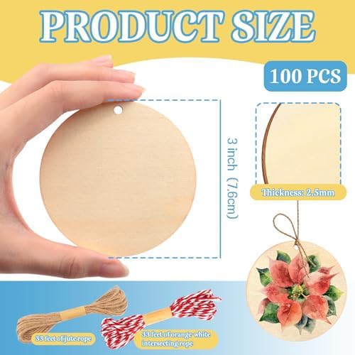 FSWCCK 100 Pcs 3in Wood Circles with Holes & Ropes,Unfinished Discs for DIY - Image 2
