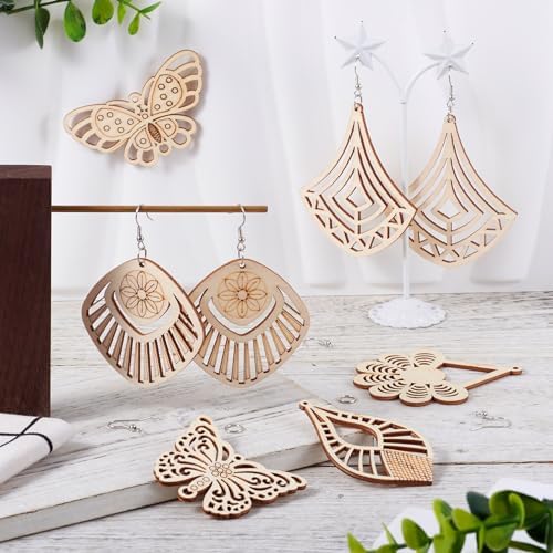 Elecrelive 8 Pairs Butterfly Wood Charms Wooden Earrings Blanks Flower Teardrop Rhombus Wood Earring Pendants Wooden Dangle Earring Making Kit with Earring Hooks - Image 3