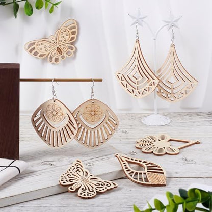 Elecrelive 8 Pairs Butterfly Wood Charms Wooden Earrings Blanks Flower Teardrop Rhombus Wood Earring Pendants Wooden Dangle Earring Making Kit with Earring Hooks - Image 3