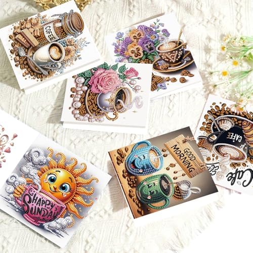 AiYuanzsh 6 Packs Diamond Art Painting Greeting Card Kits with Laser Effect Special Shaped Diamond Art Greeting Cards Arts Crafts for Christmas Birthday Thanksgiving Day Holiday (Coffee, 30x15cm) - Image 4