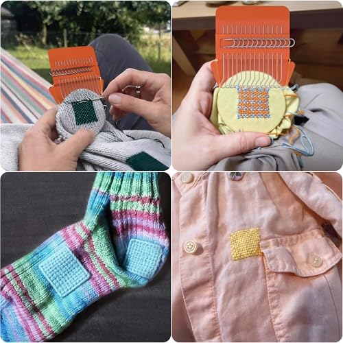 READAEER Speedweve Darning Mini Loom Kits Machine for 14 & 28Hooks Speedweve Style Weaving Darning Loom with 9 Pcs Large Eye Needles 100 Colors Thread for Handcraft DIY Weaving Repair Tool - Image 2