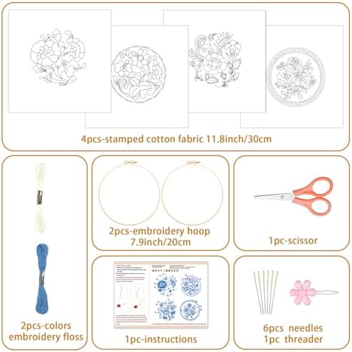 BEUNITONE 4 Set Embroidery Kit for Beginners, Blue Flower Cross Stitch Kits, Needlepoint Kits for Adults with Instructions and Full Kit, Classical Hand Embroidery Patterns for Cloth and Home Decor - Image 2