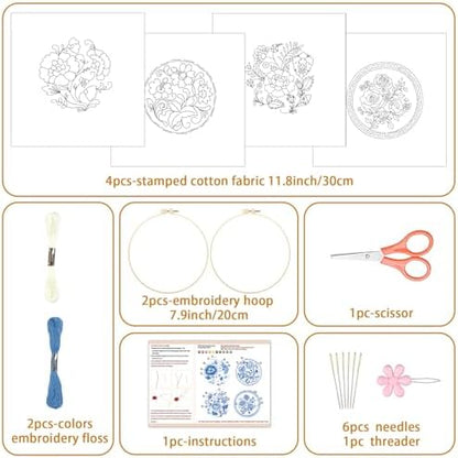 BEUNITONE 4 Set Embroidery Kit for Beginners, Blue Flower Cross Stitch Kits, Needlepoint Kits for Adults with Instructions and Full Kit, Classical Hand Embroidery Patterns for Cloth and Home Decor - Image 2