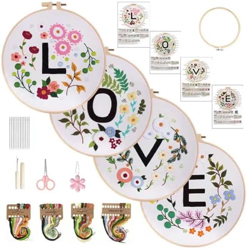 Vereela Embroidery Kit for Beginners Adults, 4 Pack Stamped Embroidery Starter Kit with Flower and Love Patterns, Hoops, Threads, Needles, Scissors and Instructions, DIY Craft Gift for Women Teens by Unknown