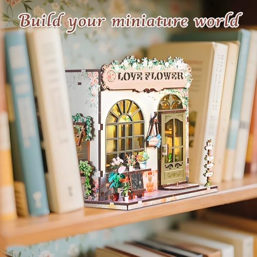 DIY Miniature House Kit, Flower Shop Book Nook Kit, Mini House Building Kit, Miniature Dollhouse Kit for Adults and Teens, 3D Wooden Puzzles with LED Light, Bookshelf Craft Kit for Family and Friends - Image 5