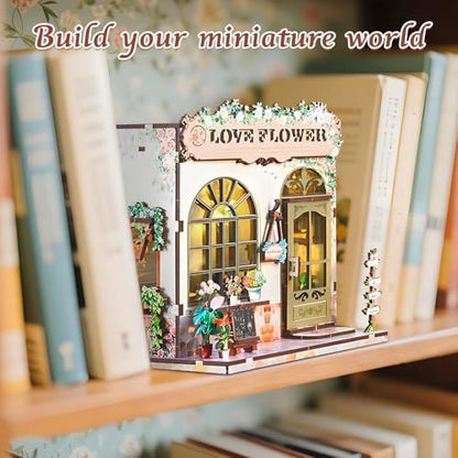 DIY Miniature House Kit, Flower Shop Book Nook Kit, Mini House Building Kit, Miniature Dollhouse Kit for Adults and Teens, 3D Wooden Puzzles with LED Light, Bookshelf Craft Kit for Family and Friends - Image 5