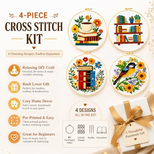 Zhenqing 4 Pack Book Lover Stamped Cross Stitch Kit for Beginners - Image 6