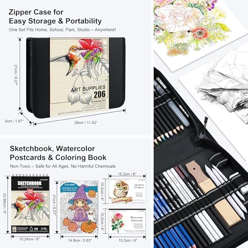 KALOUR 206 Drawing Set Sketching Kit,Art Supplies with 3-color Sketchbook & Coloring Paper,Include Tutorial, Colored, Graphite, Charcoal, Watercolor & Metallic Pencil,for Artists Adults Teens Beginner - Image 4