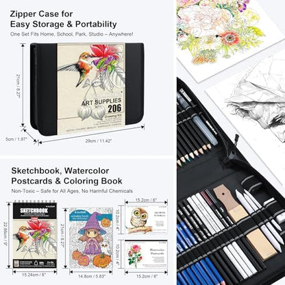 KALOUR 206 Drawing Set Sketching Kit,Art Supplies with 3-color Sketchbook & Coloring Paper,Include Tutorial, Colored, Graphite, Charcoal, Watercolor & Metallic Pencil,for Artists Adults Teens Beginner - Image 4