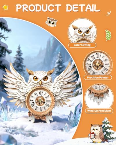 3D Wooden Puzzles for Adults Snowy Owl Design Clock Model Kit with Pendulum - Image 4