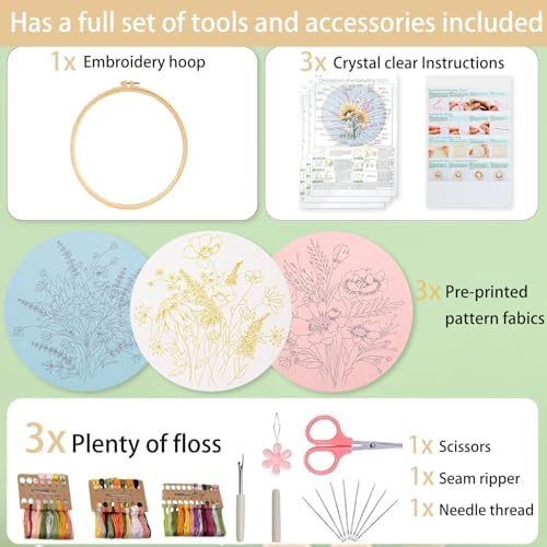 Ohcol 3 Sets Embroidery Kit,Cross Stitch Kits Needlepoint Kits for Adults Beginner,Needle Point Kits with Washable Pre-Printed Floral Pattern,Hoops,Women DIY Hand Crafts - Image 6