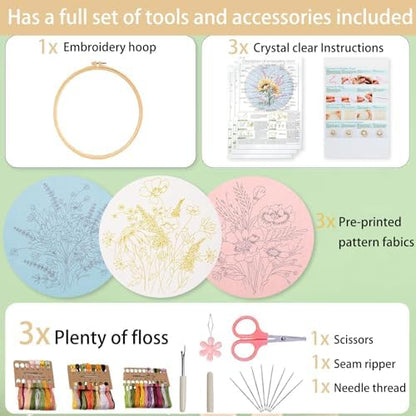 Ohcol 3 Sets Embroidery Kit,Cross Stitch Kits Needlepoint Kits for Adults Beginner,Needle Point Kits with Washable Pre-Printed Floral Pattern,Hoops,Women DIY Hand Crafts - Image 6