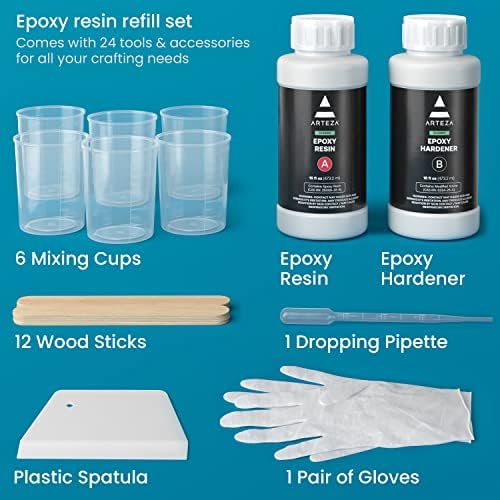 Arteza Epoxy Resin Kit, 24-Piece Refill Set, Engaging Craft Supplies & Materials, Resin Accessories Includes 2 x 8-oz Bottles and Hardener, Gloves, Dropping Pipette, Mixing Cups and Wood Sticks - Image 2
