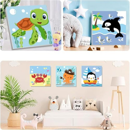 MXCFZX 6 Pack Framed Paint by Numbers Kit for Kids,Cute Sea Animals Painting Kits for Ages 4-6-12,Easy Paint by Number Kids Paint for Beginner,DIY Acrylic Oil Painting Kit for Wall Decor(8X8inch) - Image 3