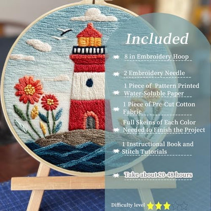 FONNUY Embroidery Kit for Beginners, Lighthouse Landscape Flowers Pre-Stamped Pattern Kits for Adults with Hoop, Easy to Follow Color Thread Needlework, 8'' Hoop (Blue) - Image 2