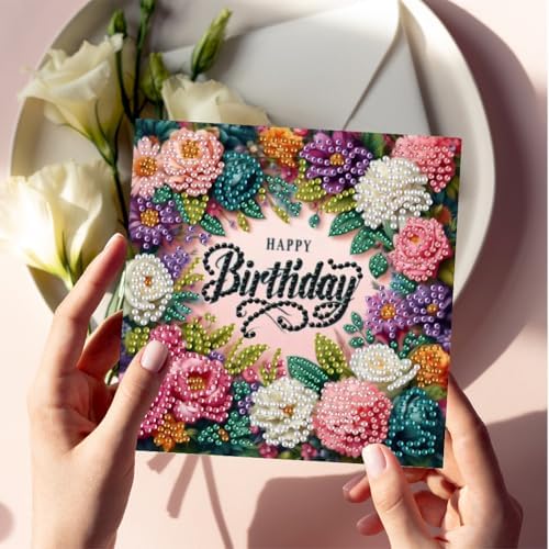 jinglinhh 6pcs Happy Birthday Rose Flowers Purple Bow Diamond Art Painting Greeting Cards with Envelopes, DIY Card Making Kits for Adults, Diamond Art Postcards Christmas Cards Craft Gifts - Image 6