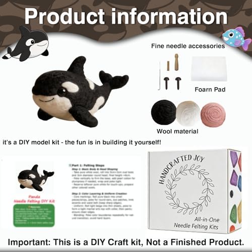 DIY Needle Felting Kit Cute Orca Killer Whale – Needle Felting Starter Kit with Fiber Roving, Needles, Felting Pad & Instructions | Felted Ocean Animal Kit for Beginners Adults | DIY Craft Gift - Image 3