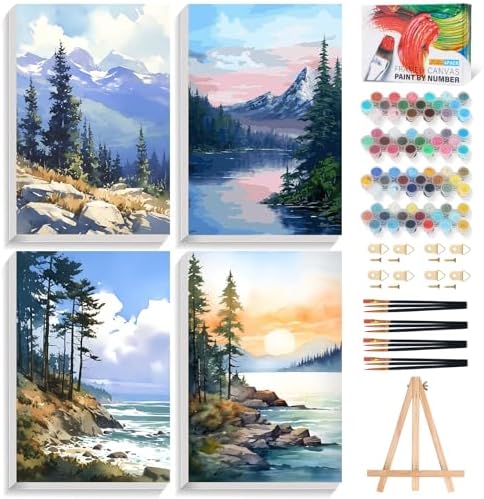 4 Pack Framed Paint by Numbers Kit for Adults Landscape with Wooden Easel by Fountor