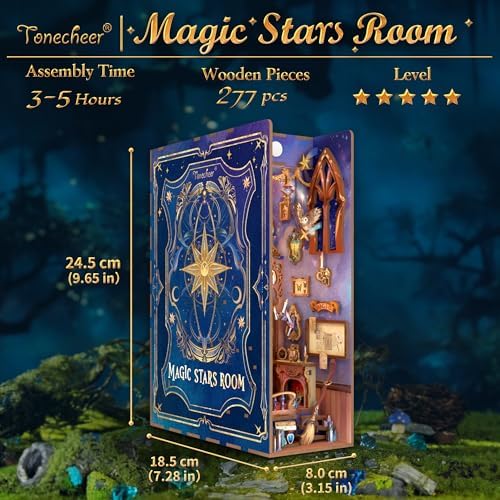 Tonecheer DIY Book Nook Kit for Adults,3D Wooden Puzzle Bookend Bookshelf Insert Library Decor, Booknook Miniature House Kit with Body Motion Sensor LED Light (Magic Stars Room) - Image 3