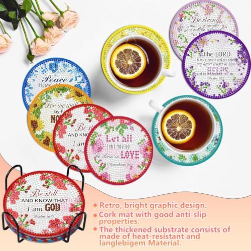 8 Pcs Christian Diamond Art Coasters Kit, Bible Diamond Painting Coasters with Holder, 5D Gem Art Coaster, DIY Crafts Diamond Dots for Gift Home Decor - Image 2