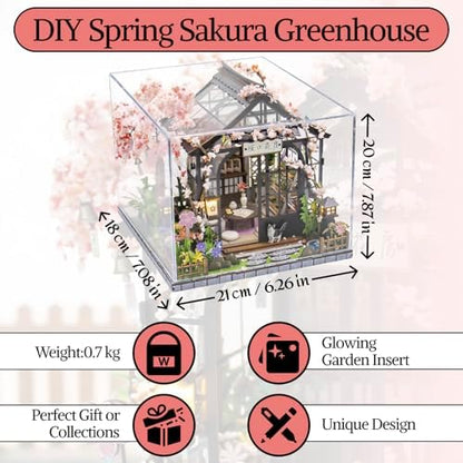 MINORIA Sakura Greenhouse DIY - Miniature House Building Kit-3D Wooden Cherry Blossom Dollhouse with Acrylic Dust Cover - LED Light - Image 6